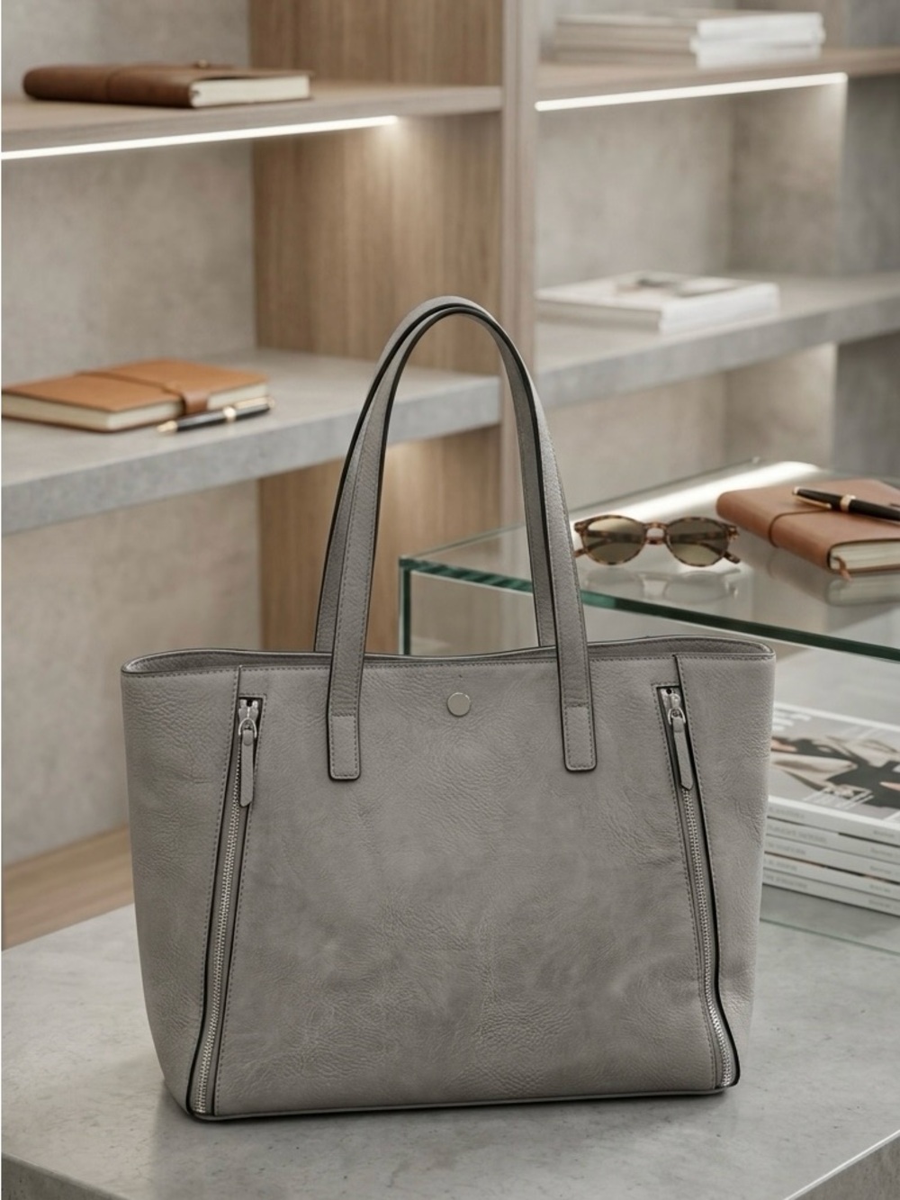 Classic Gray Leather Tote Bag - Everyday Carry